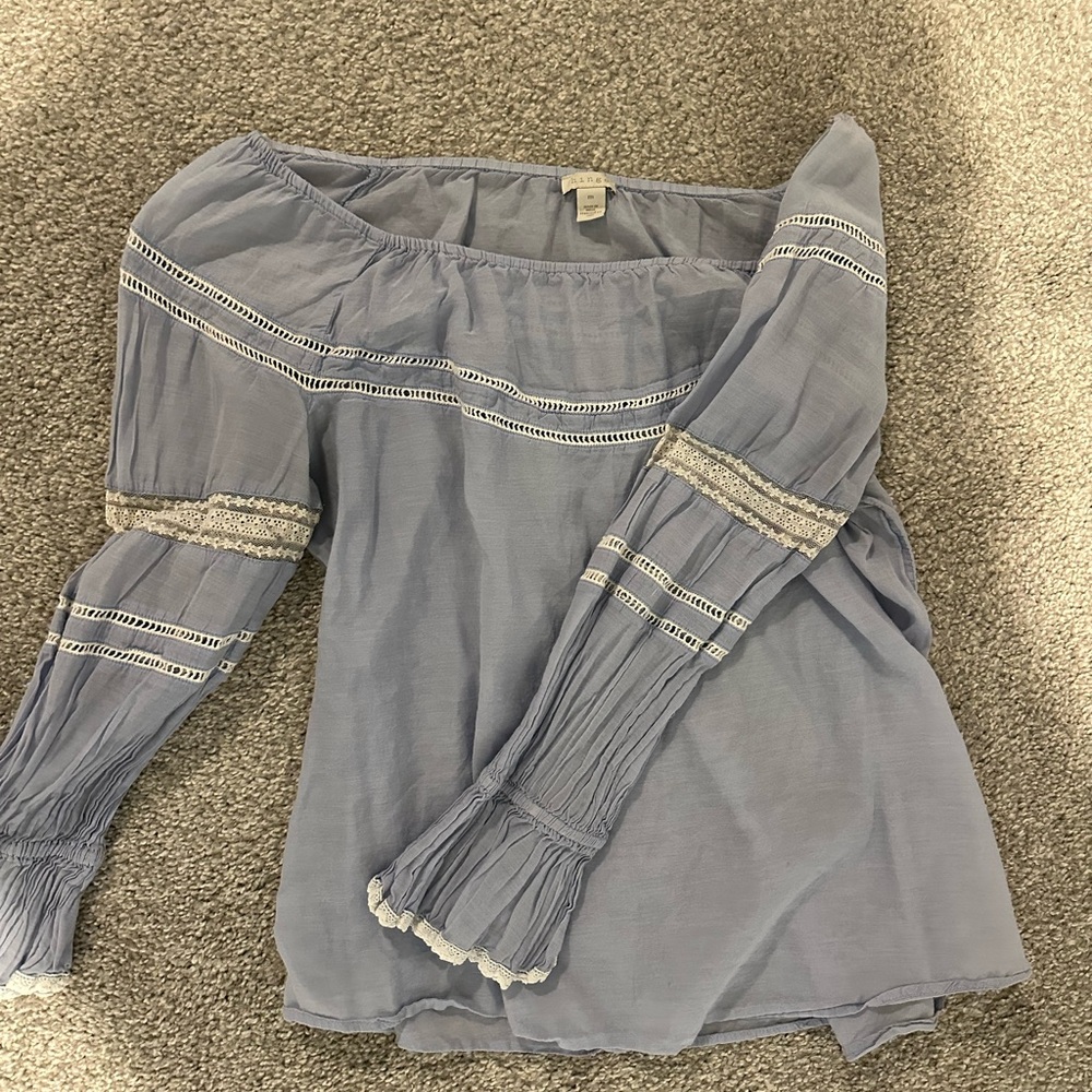 Hinge Blue Cream Smocked 3/4 Sleeve Blouse